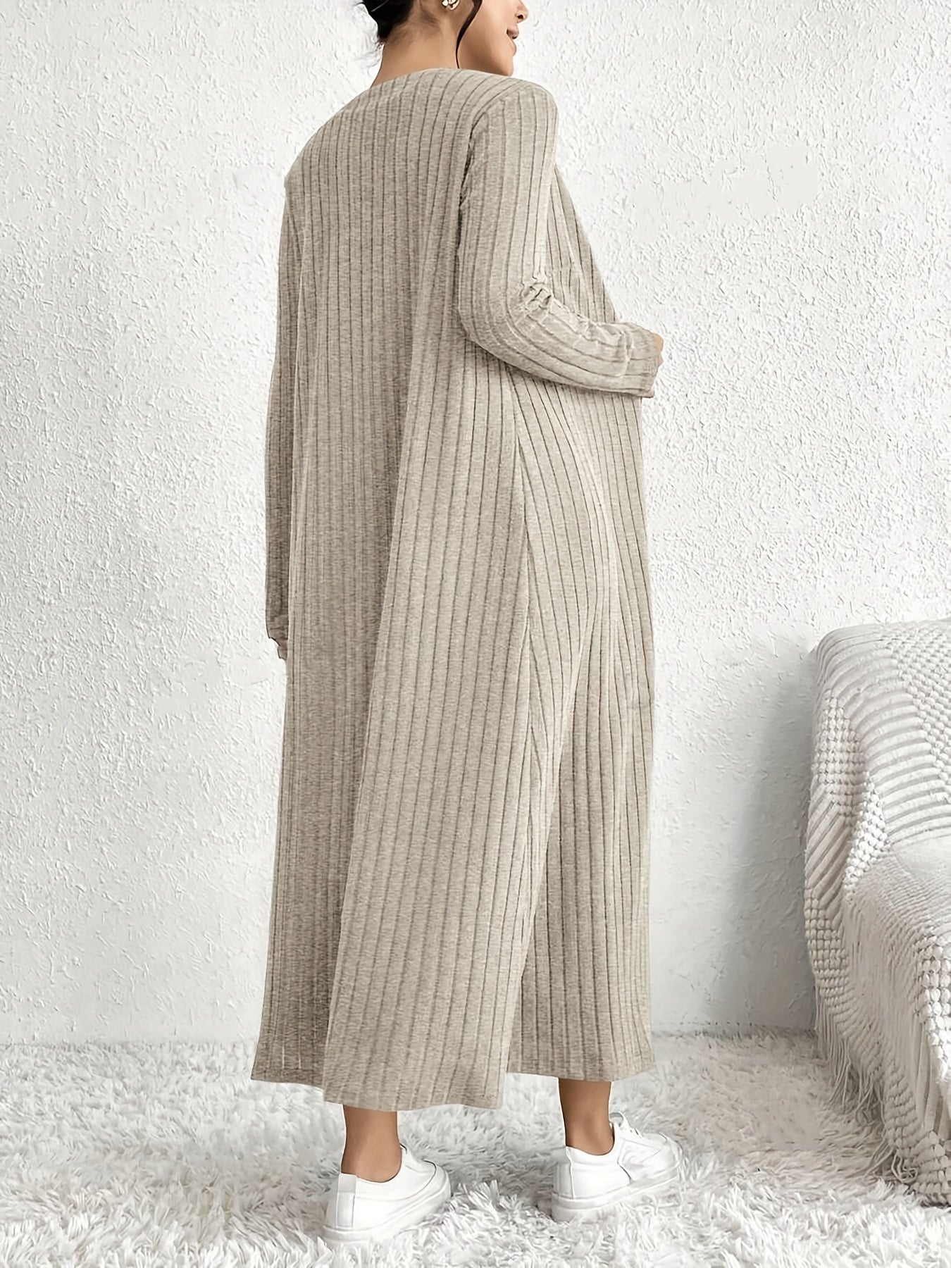 2pcs Set of Elegant Special Women's Ribbed Knit Long Sleeve Cardigan Dress